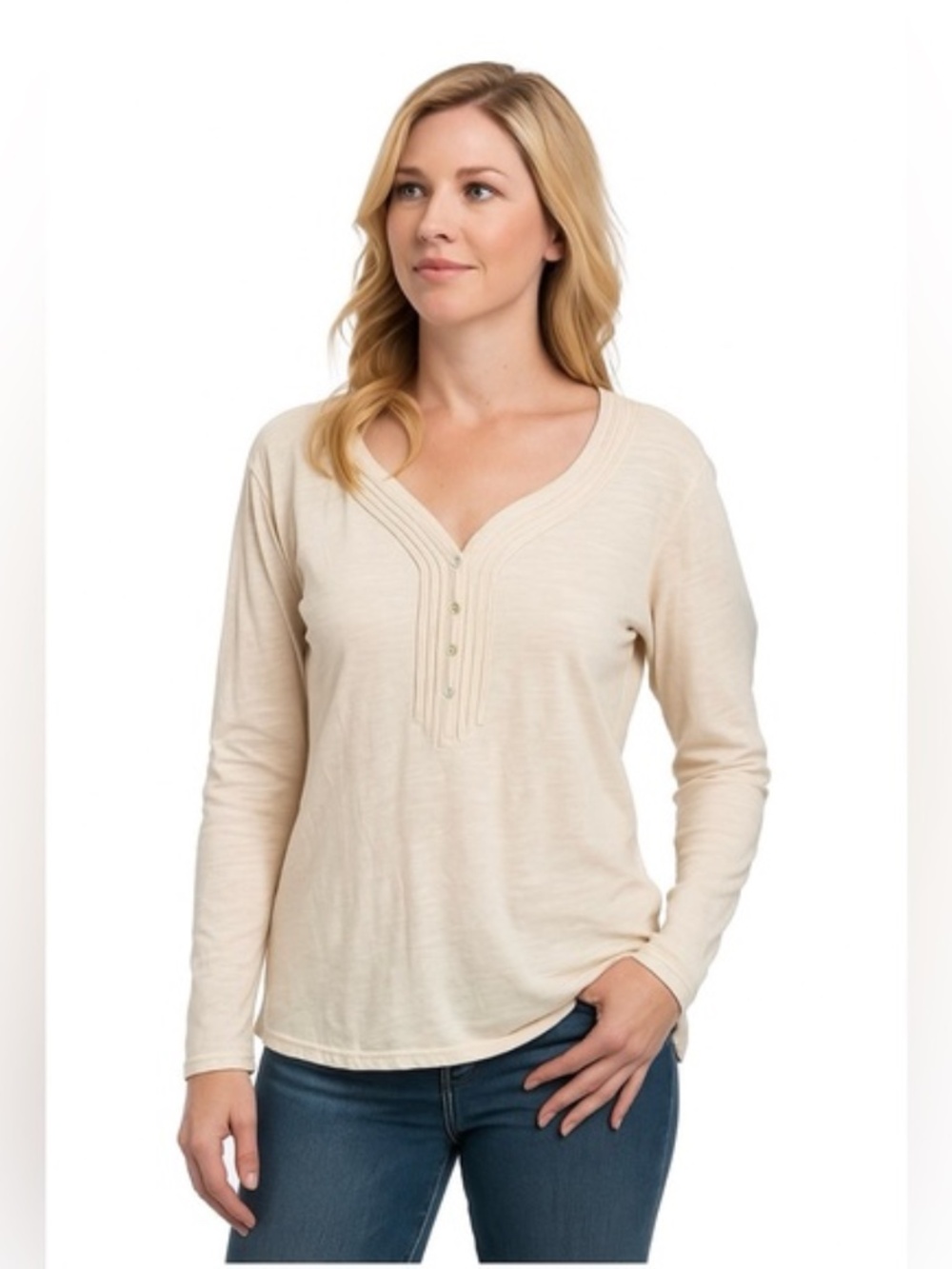 Kuhl Vega Long Sleeve Henley Red Raw Edge V-Neck Travel Organic Slub Jersey L